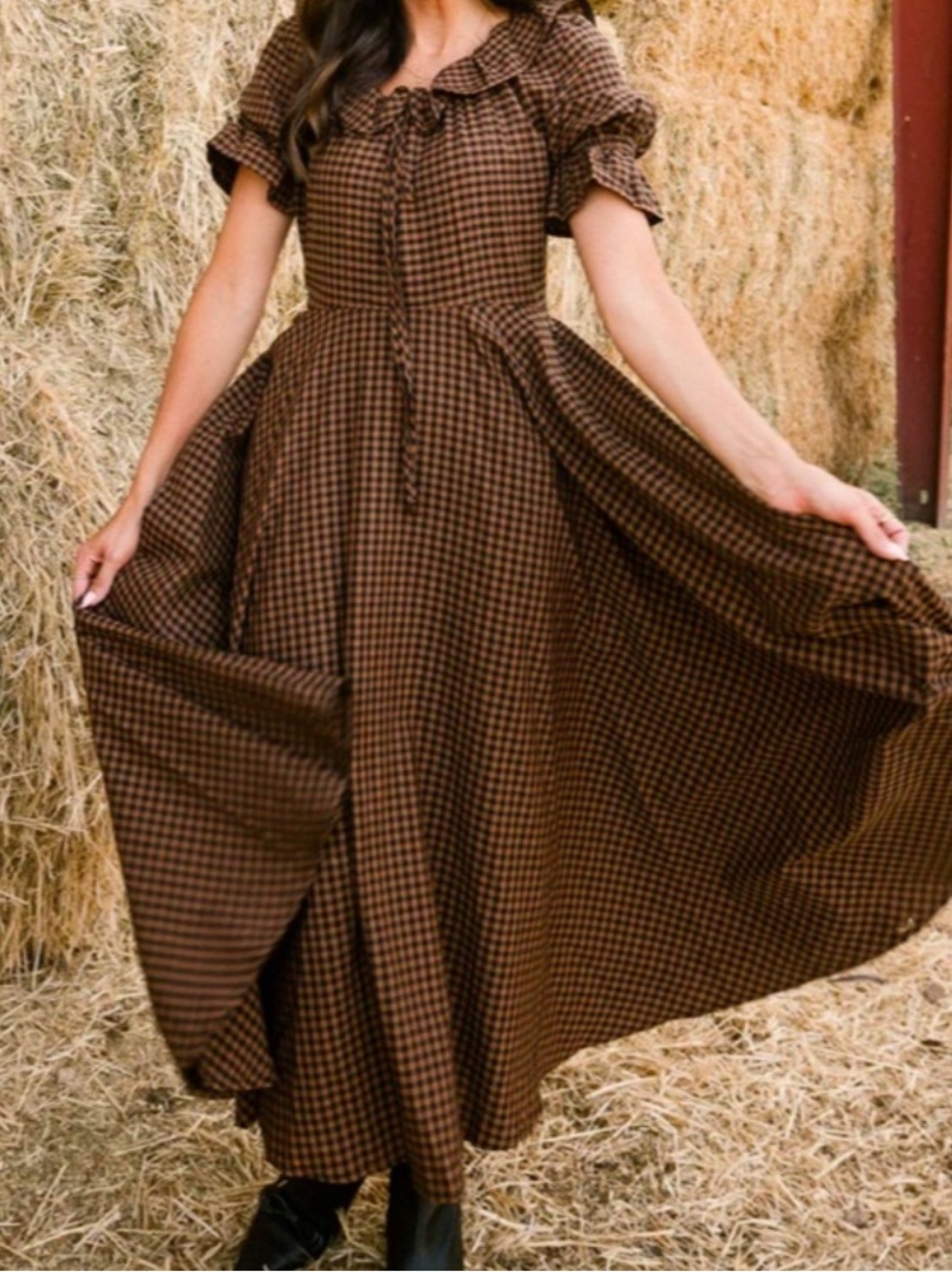 Ivy City Brown Gingham Maxi Dress with Ruffle Collar